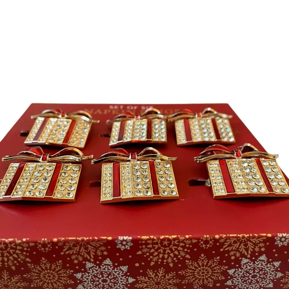 Envogue Rhinestone CHRISTMAS Present Napkin Rings Set of 6 Holiday Red Gold New